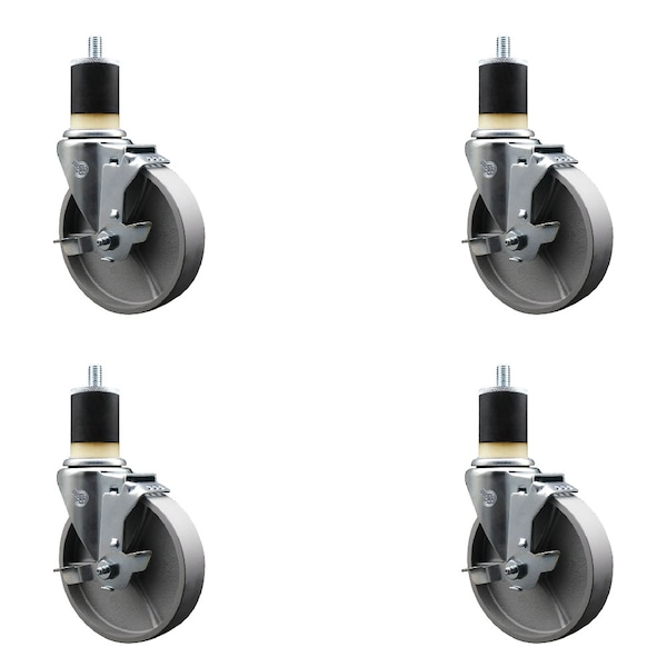 5'' Semi Steel Swivel 1-7/8'' Expanding Stem Caster Set with Brake, 4PK
